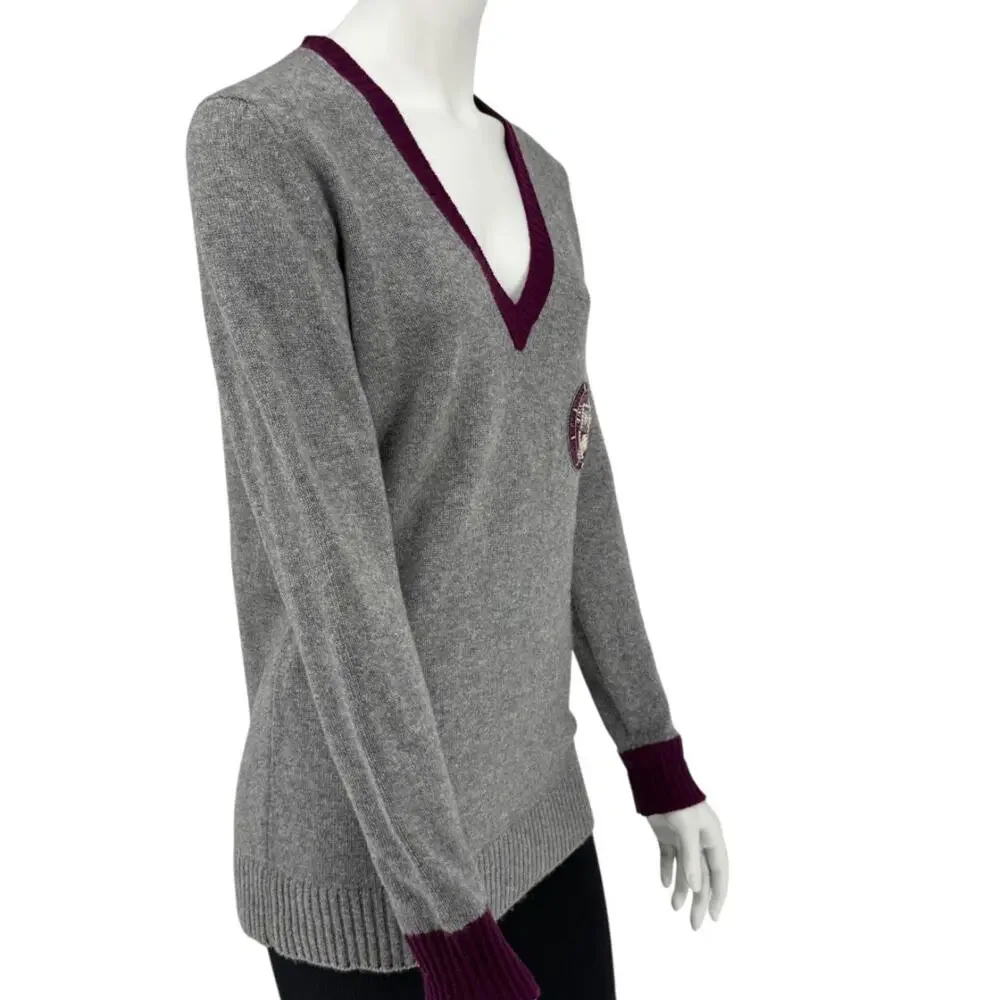 Chanel 2007A Grey and Purple Cashmere Beaded Crest Detail V Neck Sweater